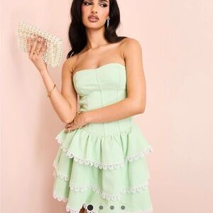 Strapless Green Dress with Lace Trim